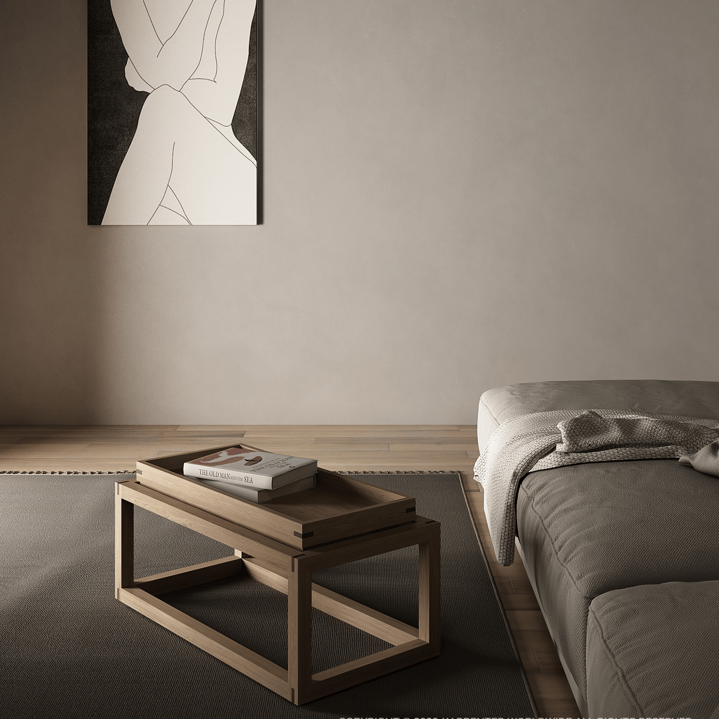 Modern living room with coffee table, artwork, and sofa