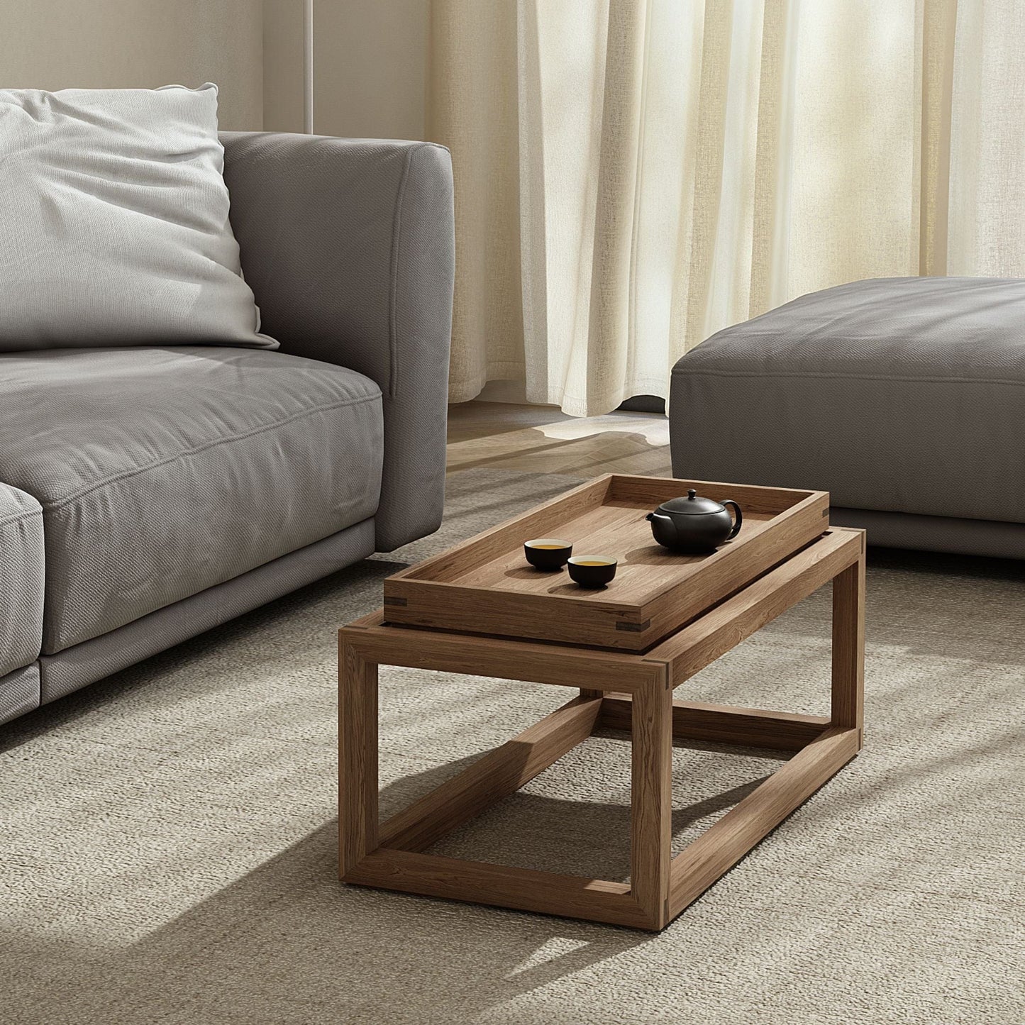 KUD02O Wooden coffee table with tea set in modern living room