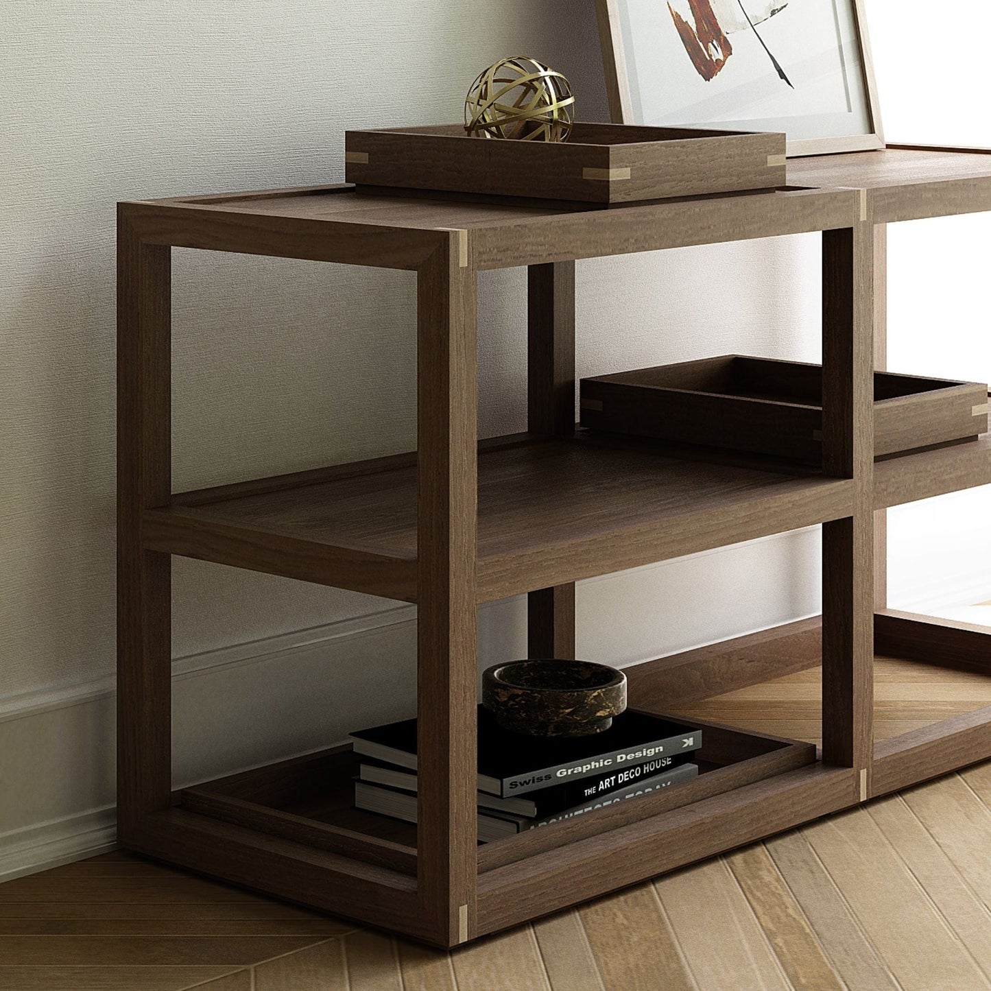 Modern wood console table with decor