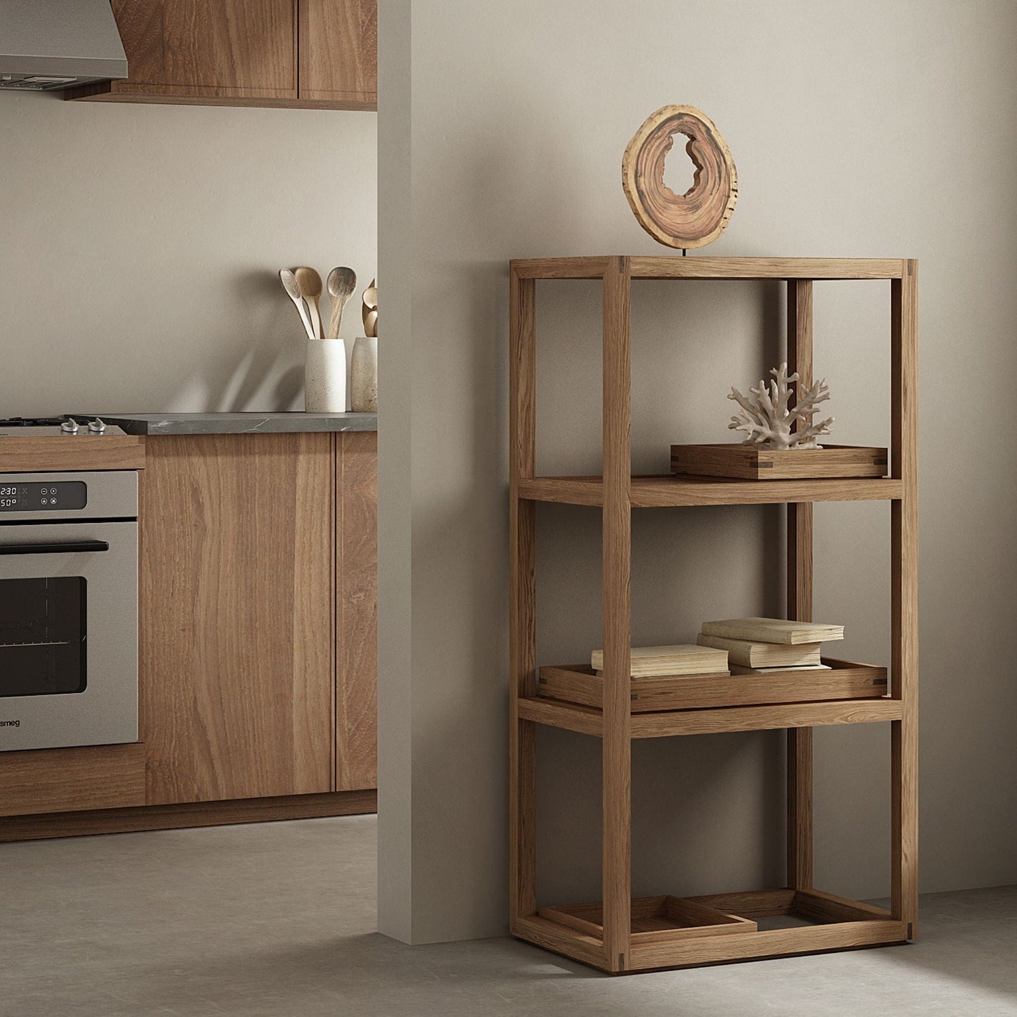 KUD09O - Wooden shelf unit in kitchen with decorative items
