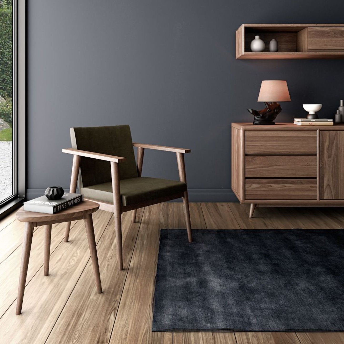 Mid-century modern living room with chair, rug, and wood furniture.