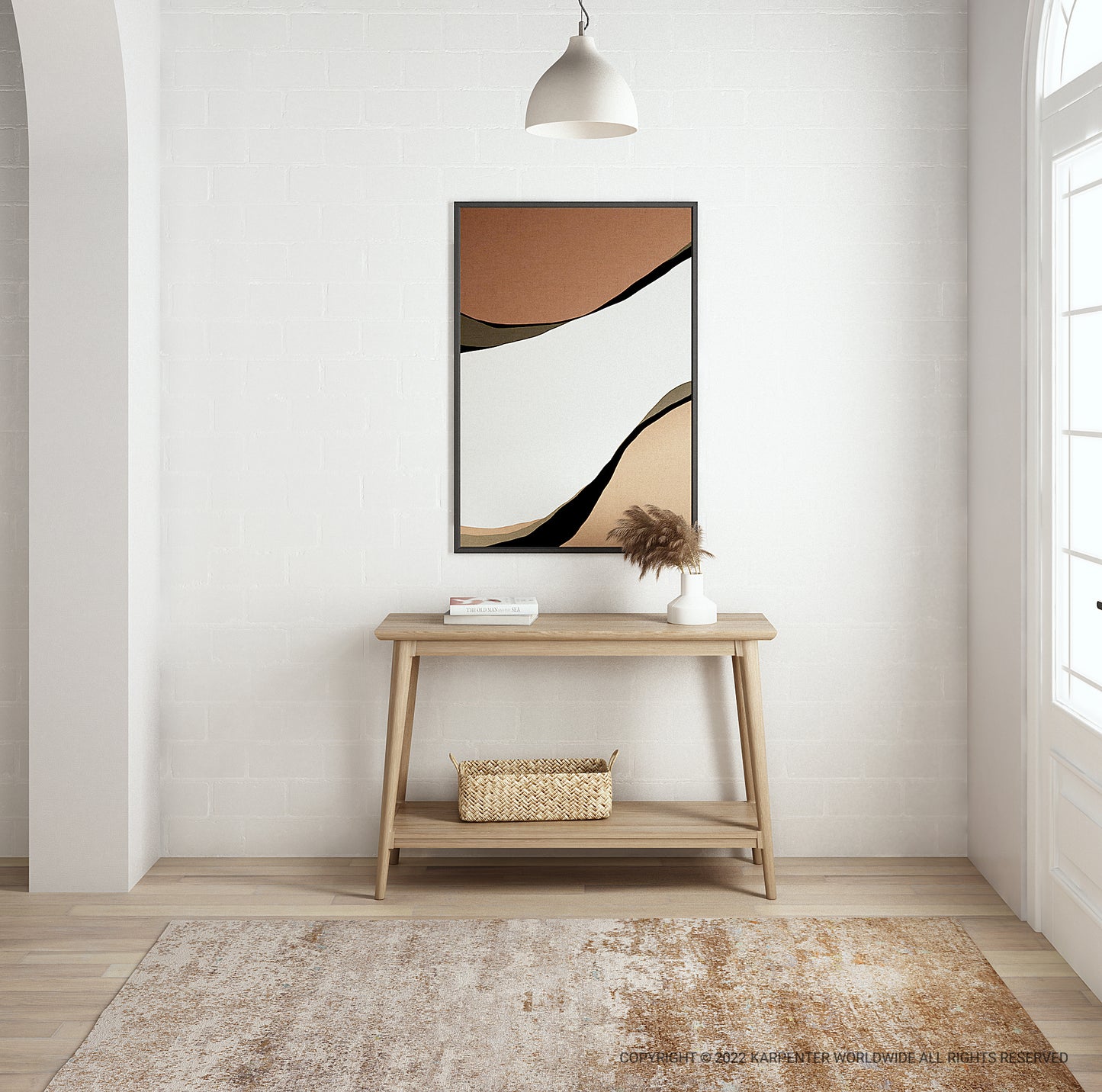 Abstract art print above a console table.