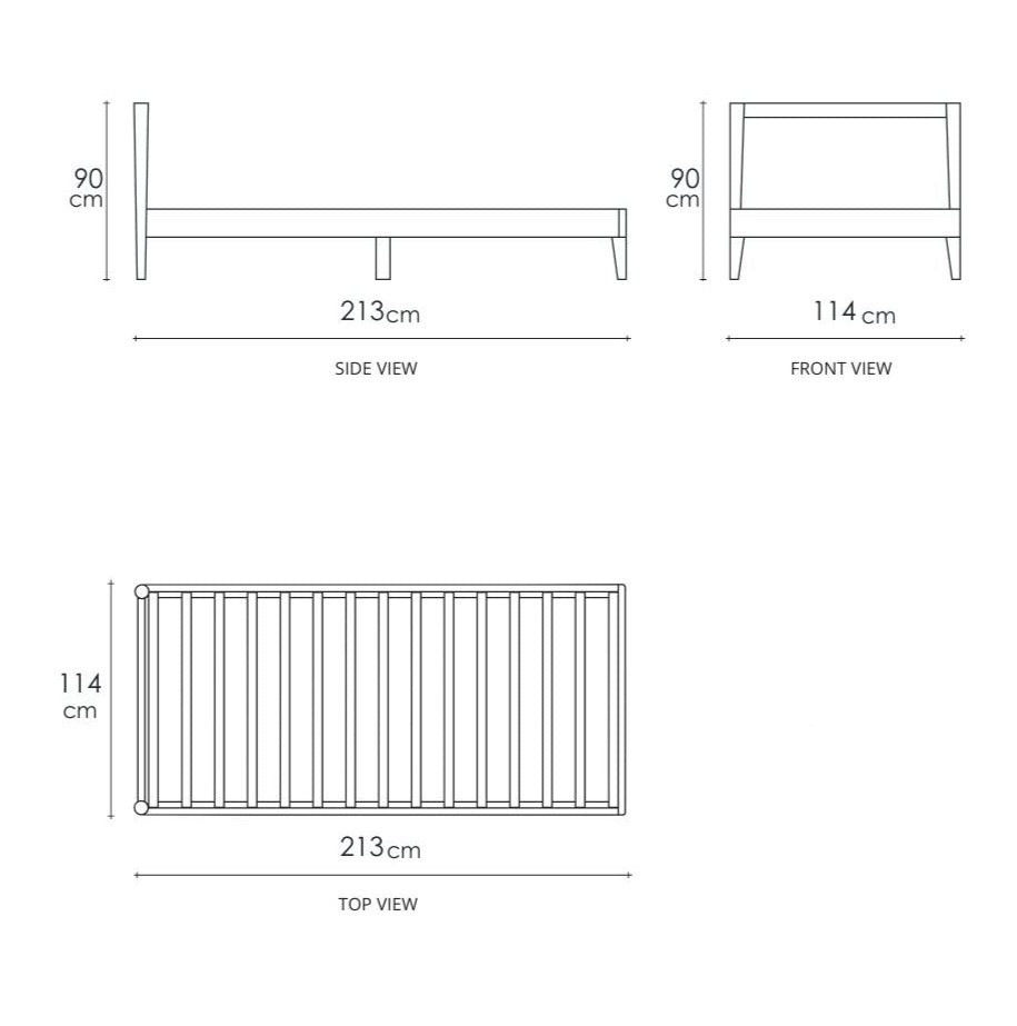 Side, front, and top view diagrams