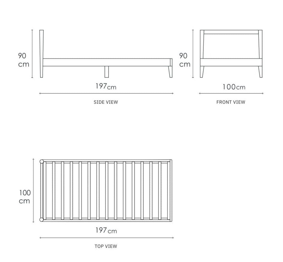 Vintage King Single Bed Dimensions (Side, Top, Front Views)