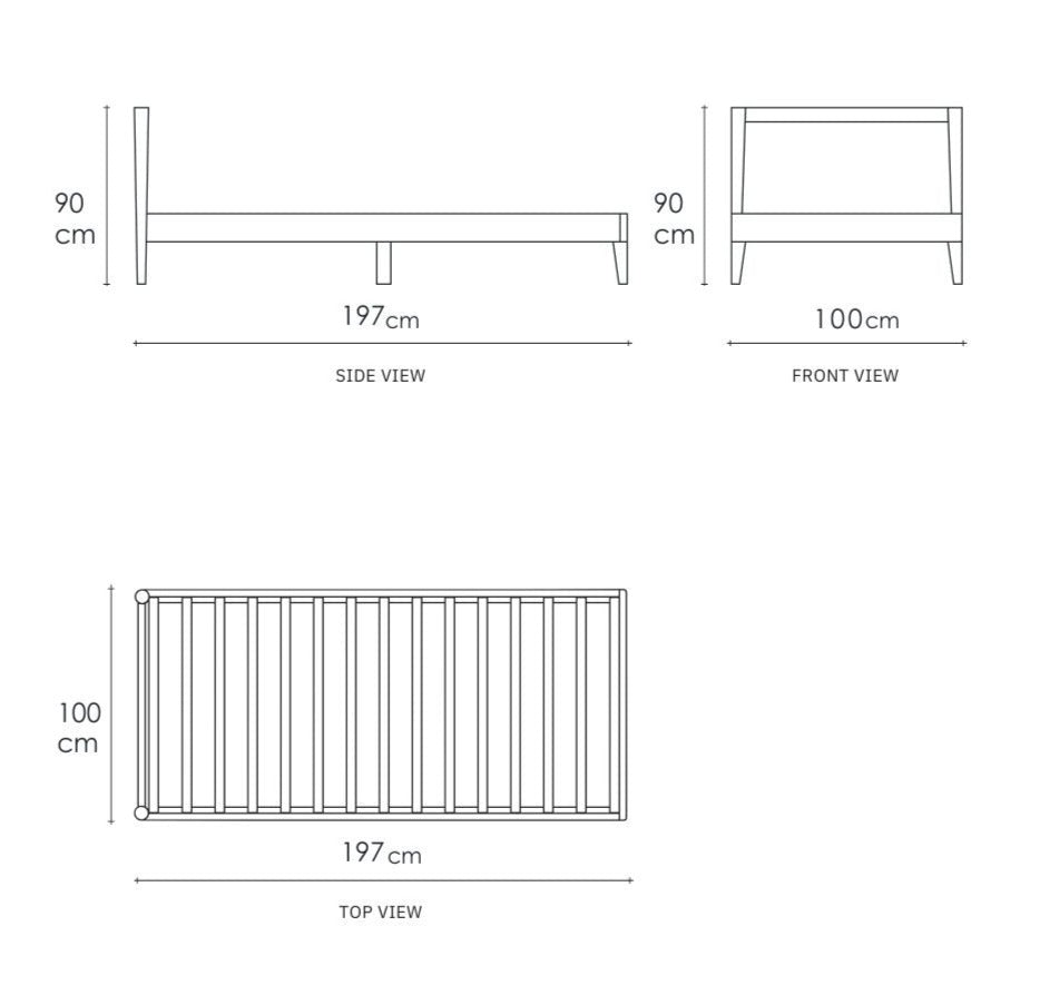 Vintage King Single Bed Dimensions - Side, Front & Top Views