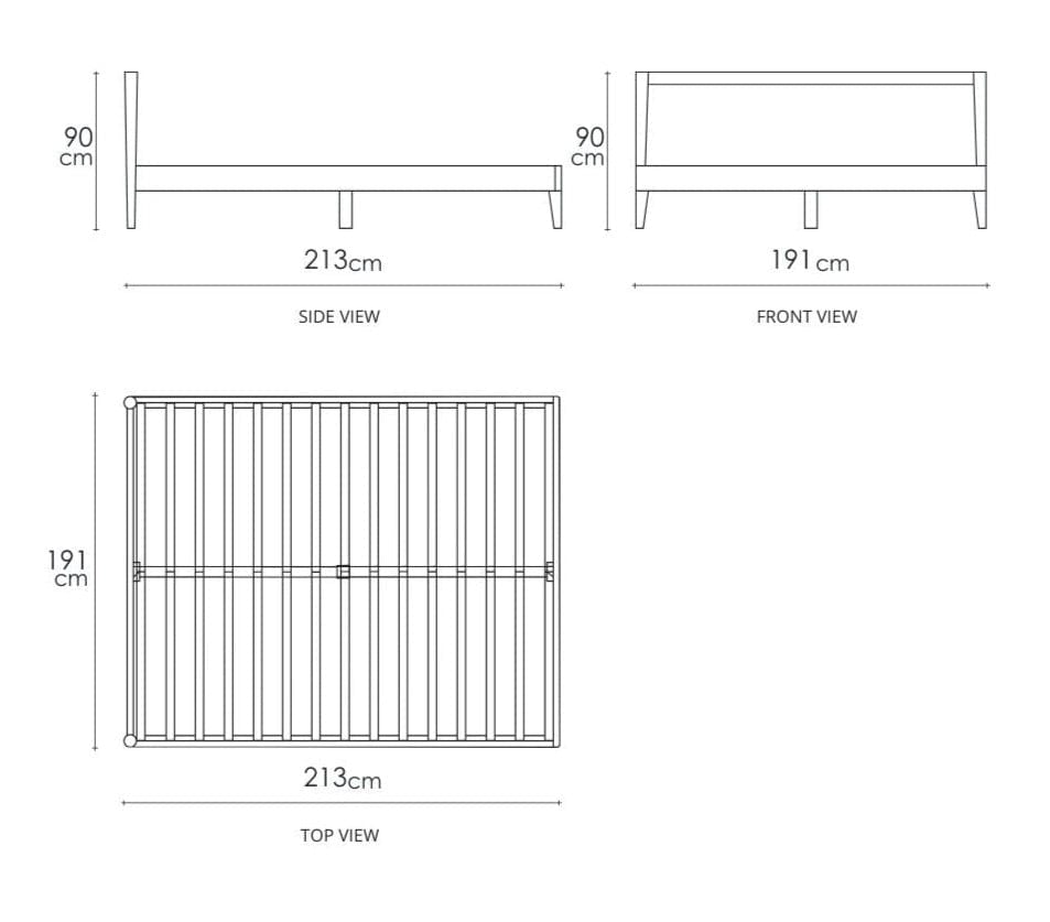 King Bed Dimensions - Side, Front, and Top Views