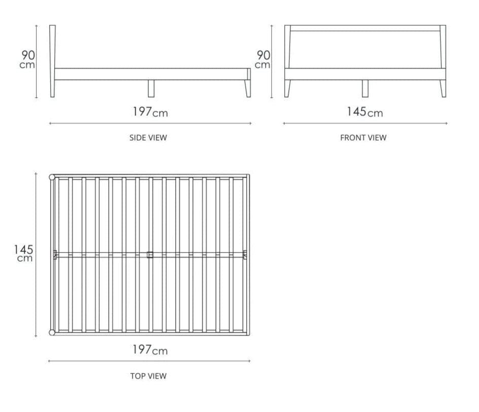 Queen Bed Frame Dimensions - Side, Front, & Top Views