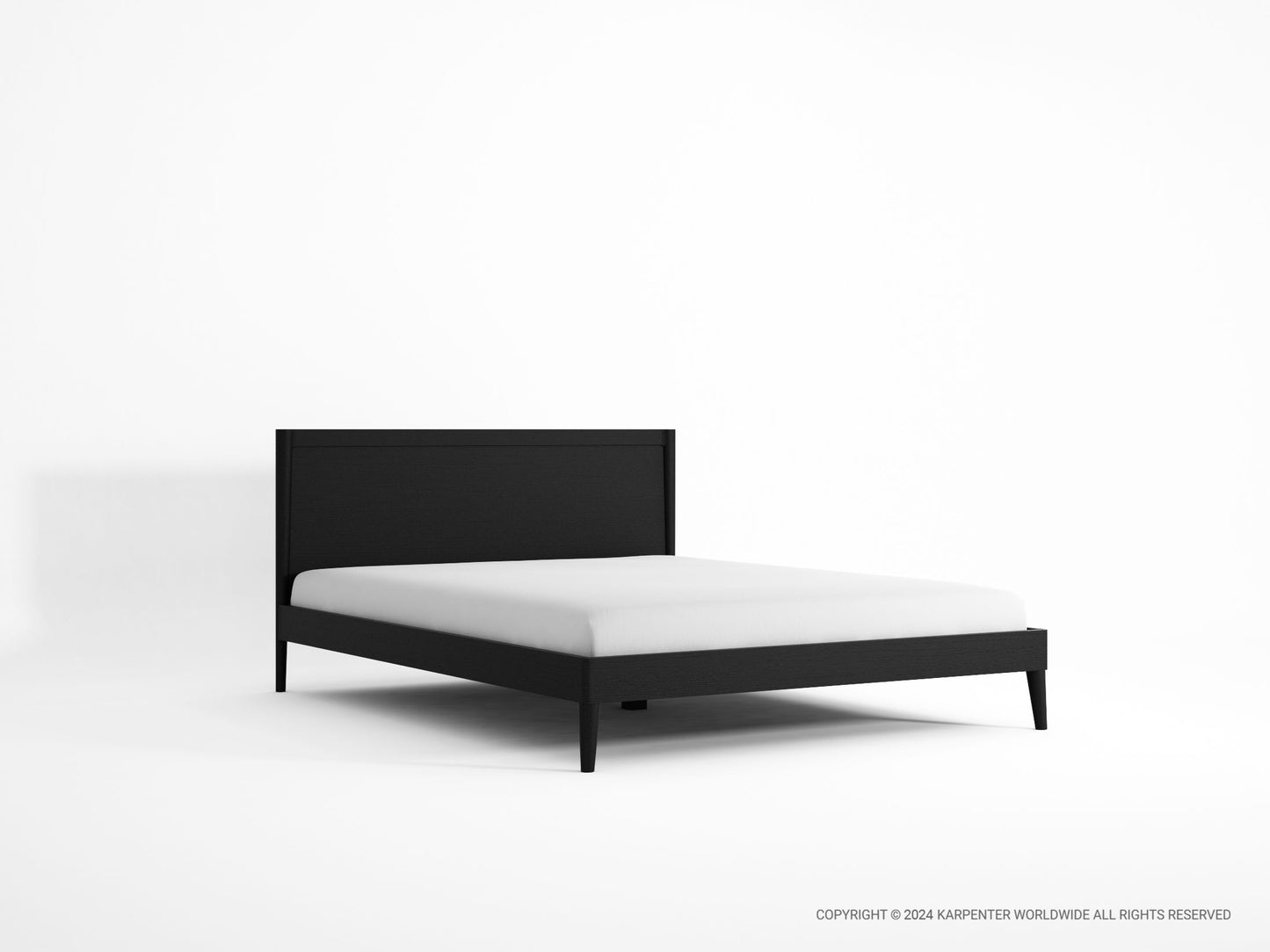 Modern black bed frame with white bedding