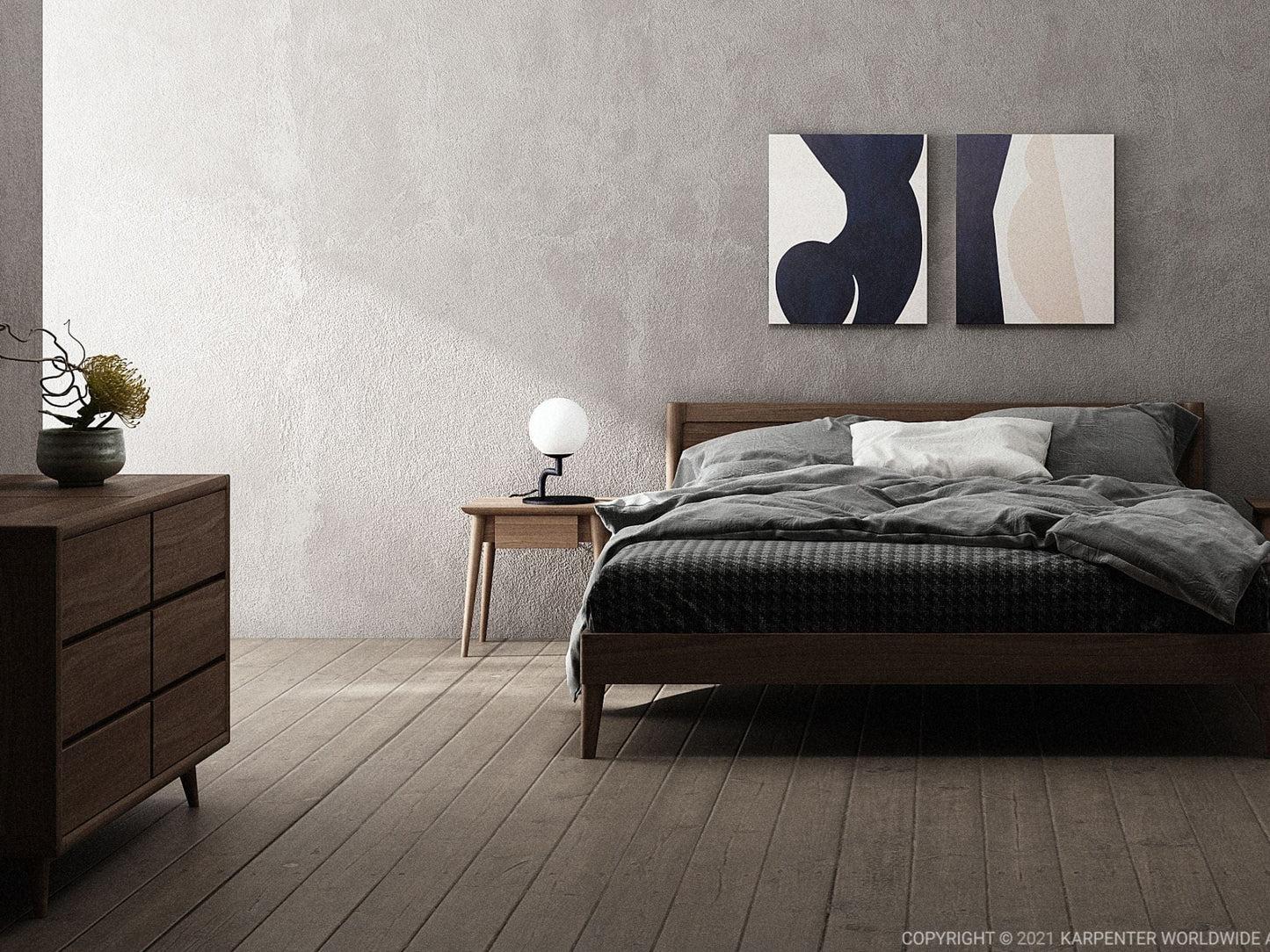 Modern bedroom with wood furniture and abstract art