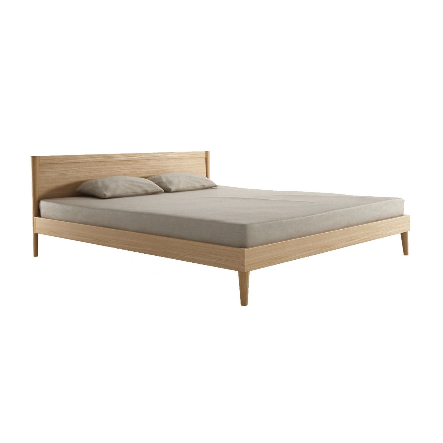 Modern wooden bed frame with pillows