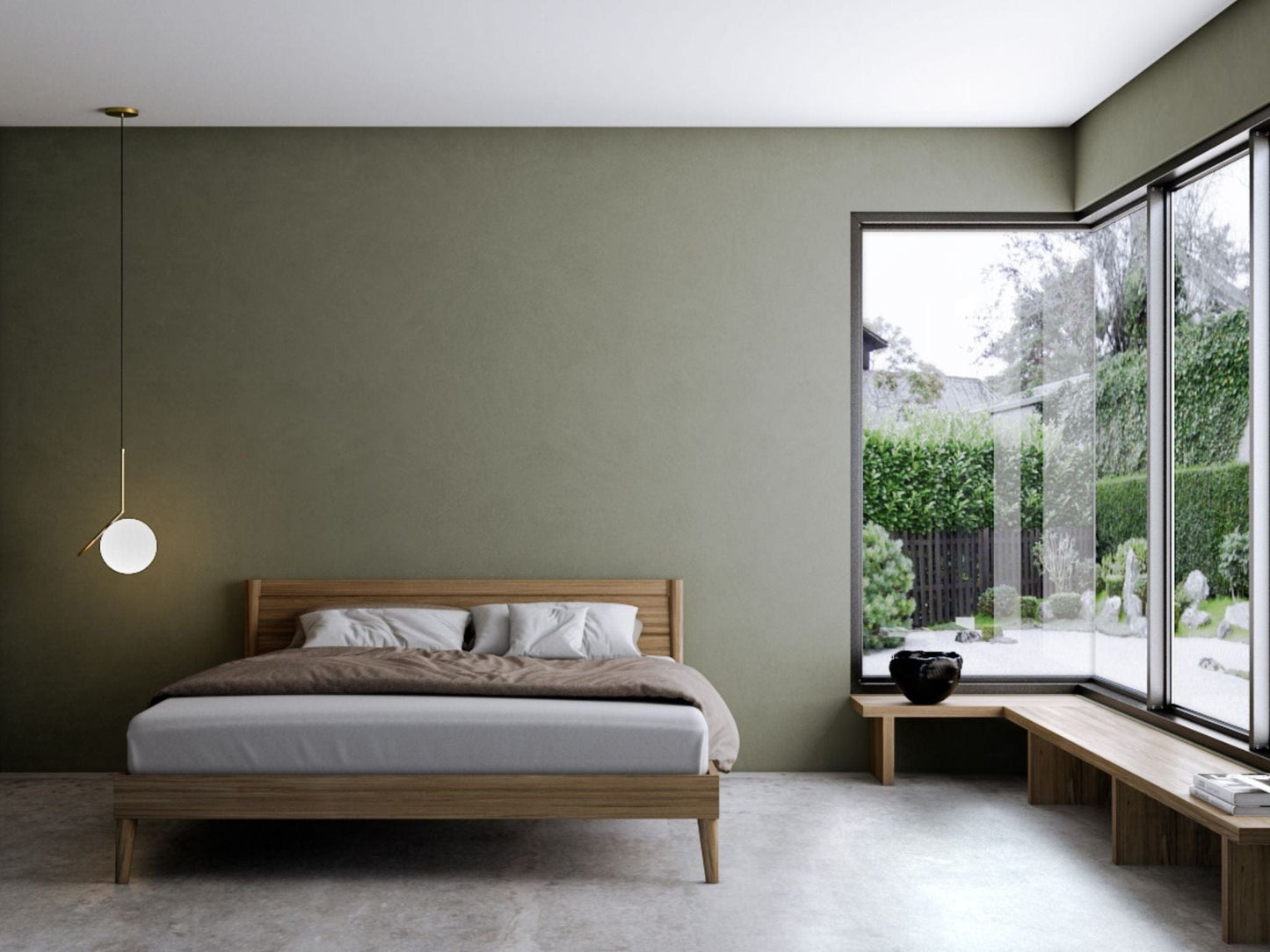Modern bedroom with olive green wall and large window