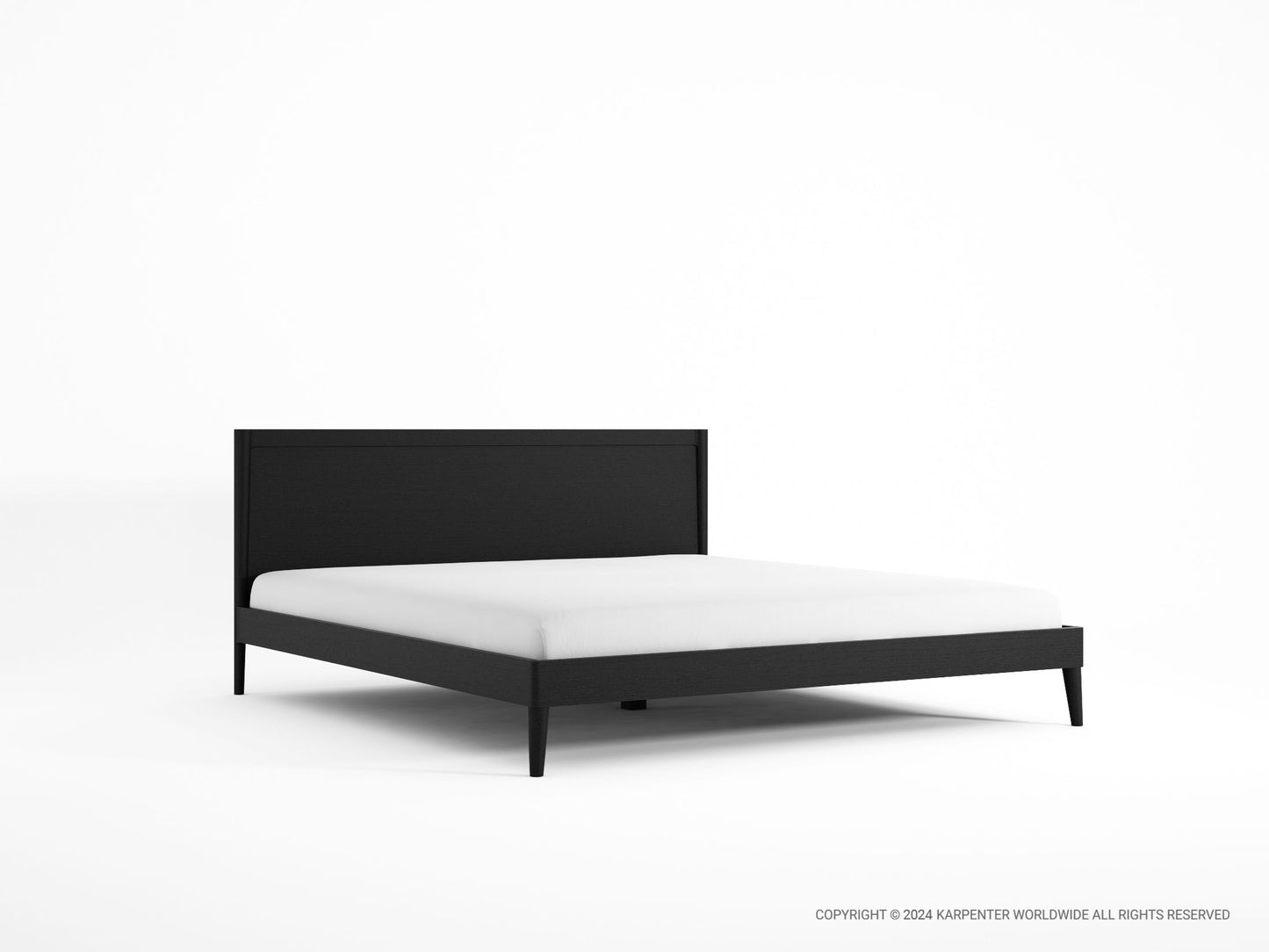 Modern black bed frame with white bedding