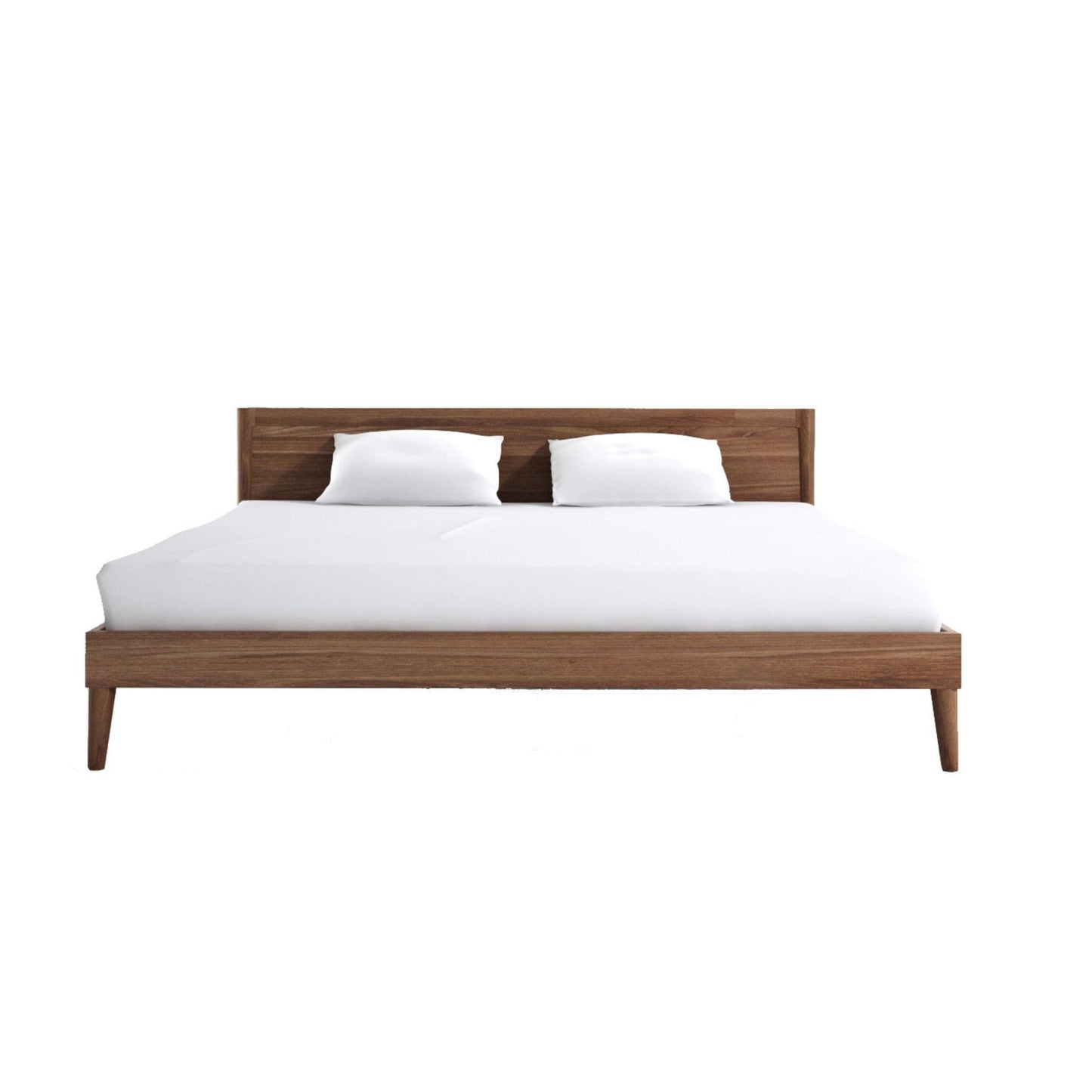 Wooden bed frame with white bedding