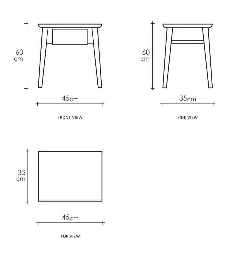 front, side, and top views with measurements.