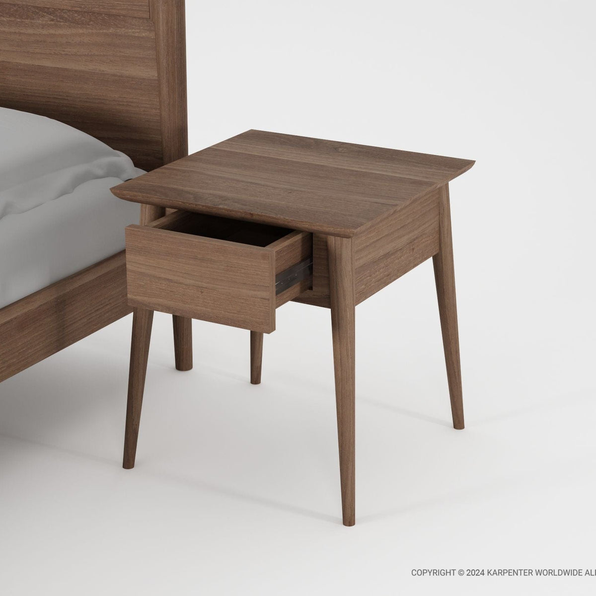 Wooden nightstand with open drawer