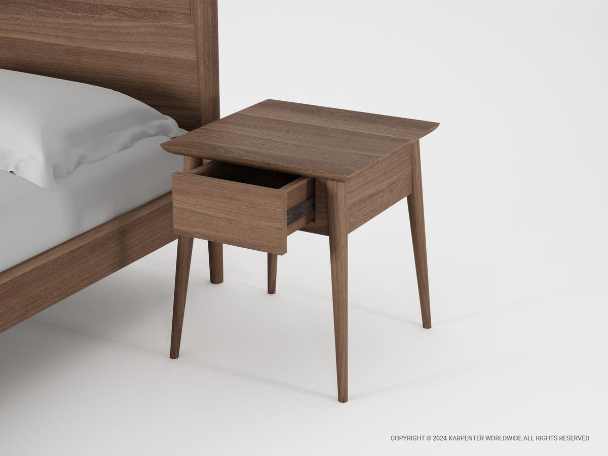 Wooden nightstand with open drawer