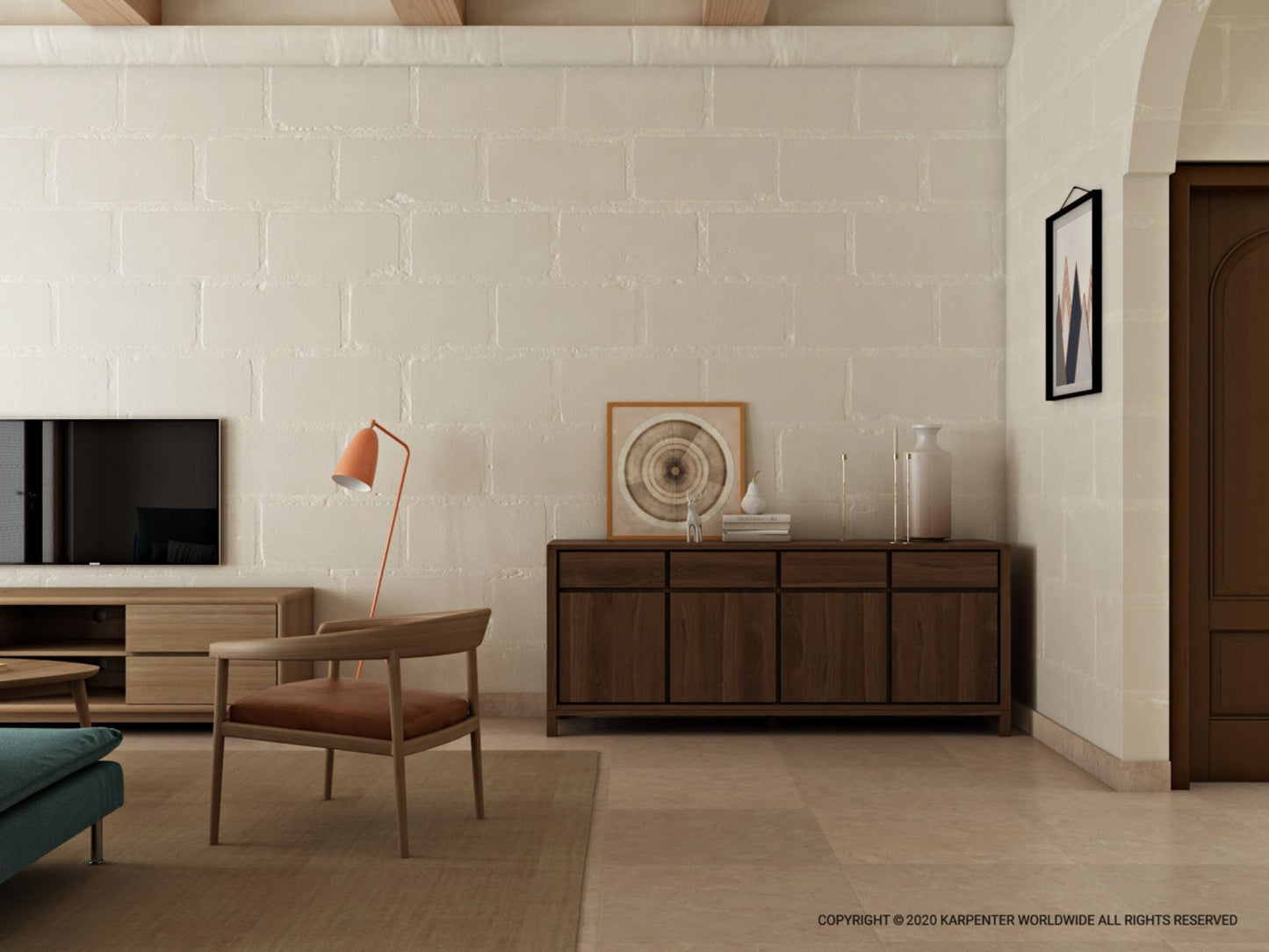 Modern living room with wooden furniture & brick wall