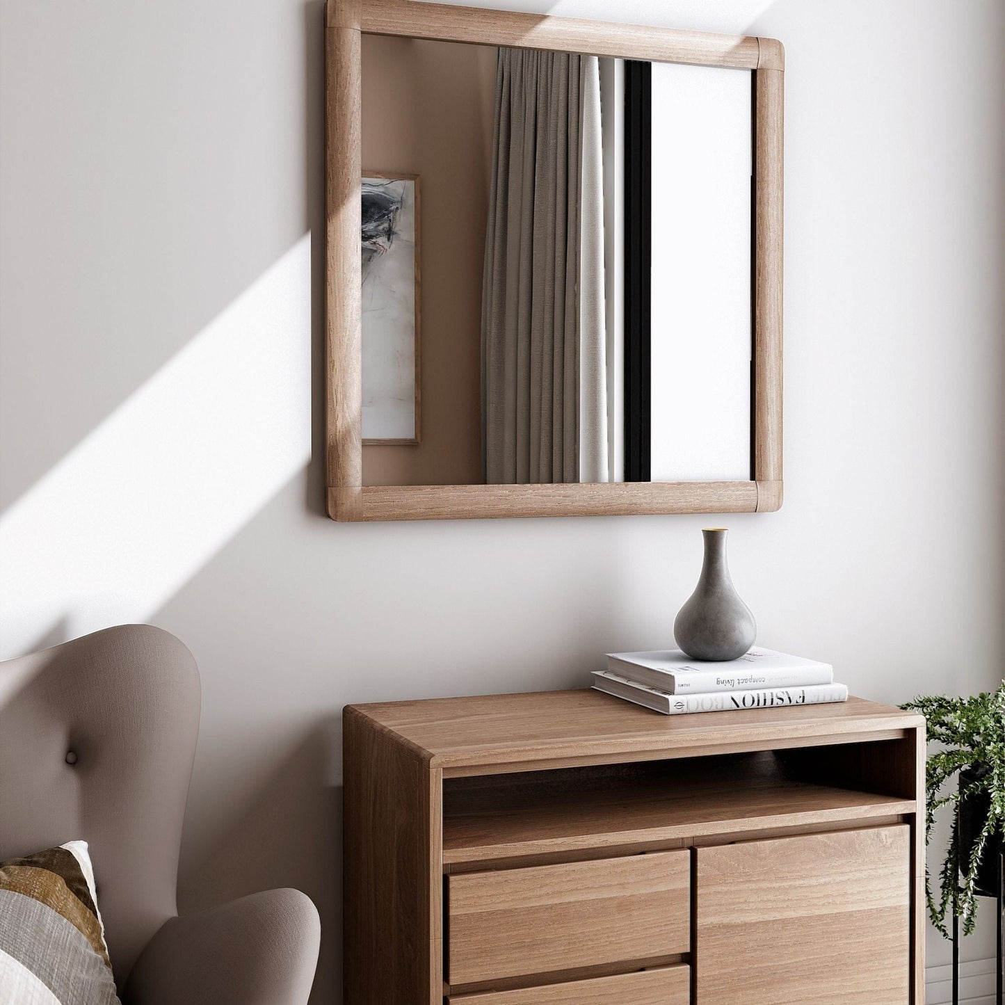 Wooden framed mirror KV1038O-KT024O on cabinet with decor