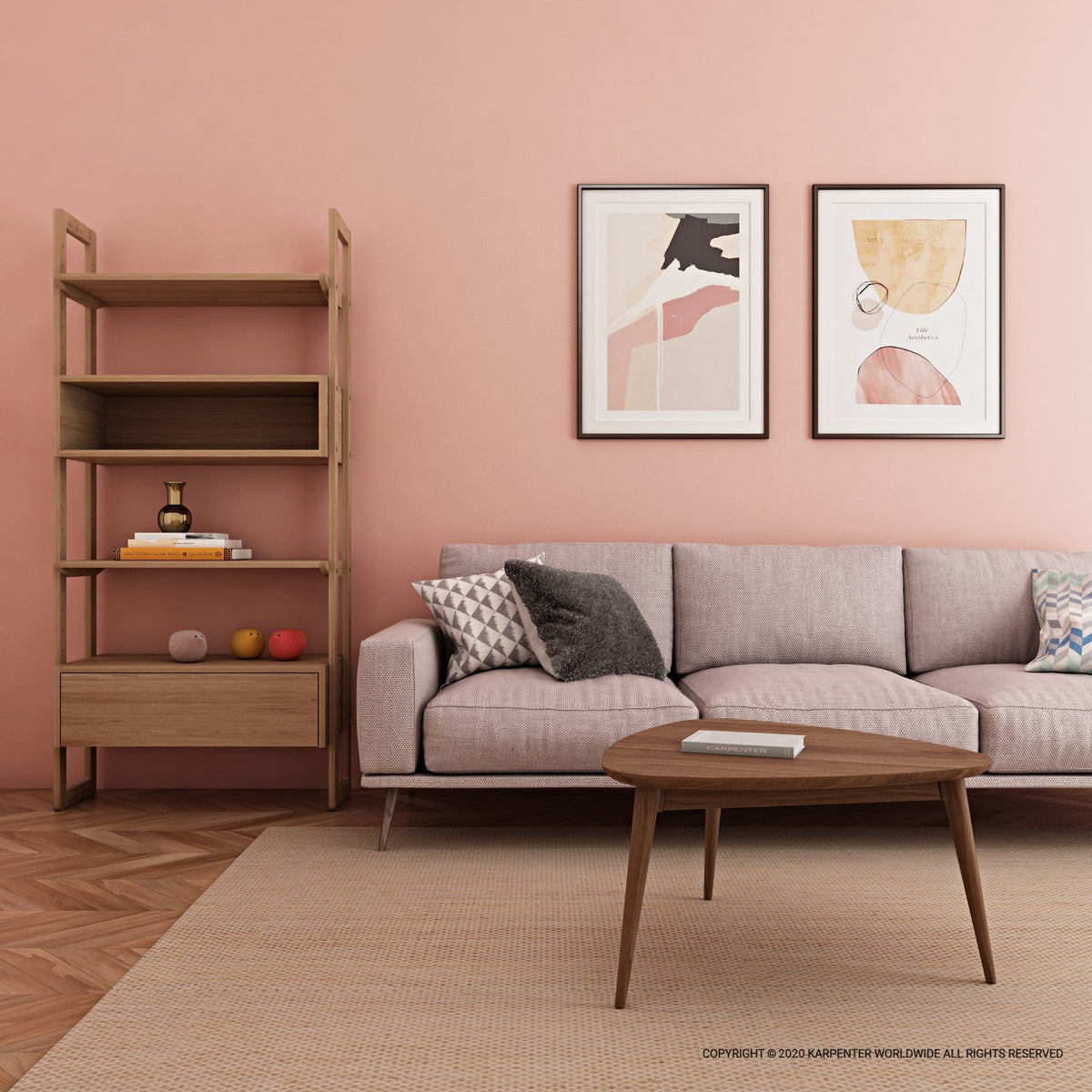 Wooden shelf unit in living room with sofa and art.