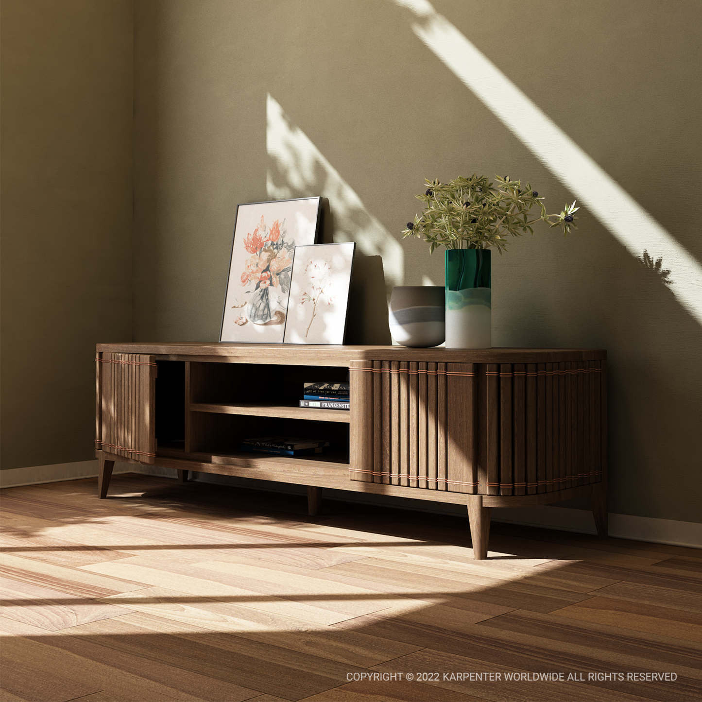 Koppar Media Cabinet with artwork and vase