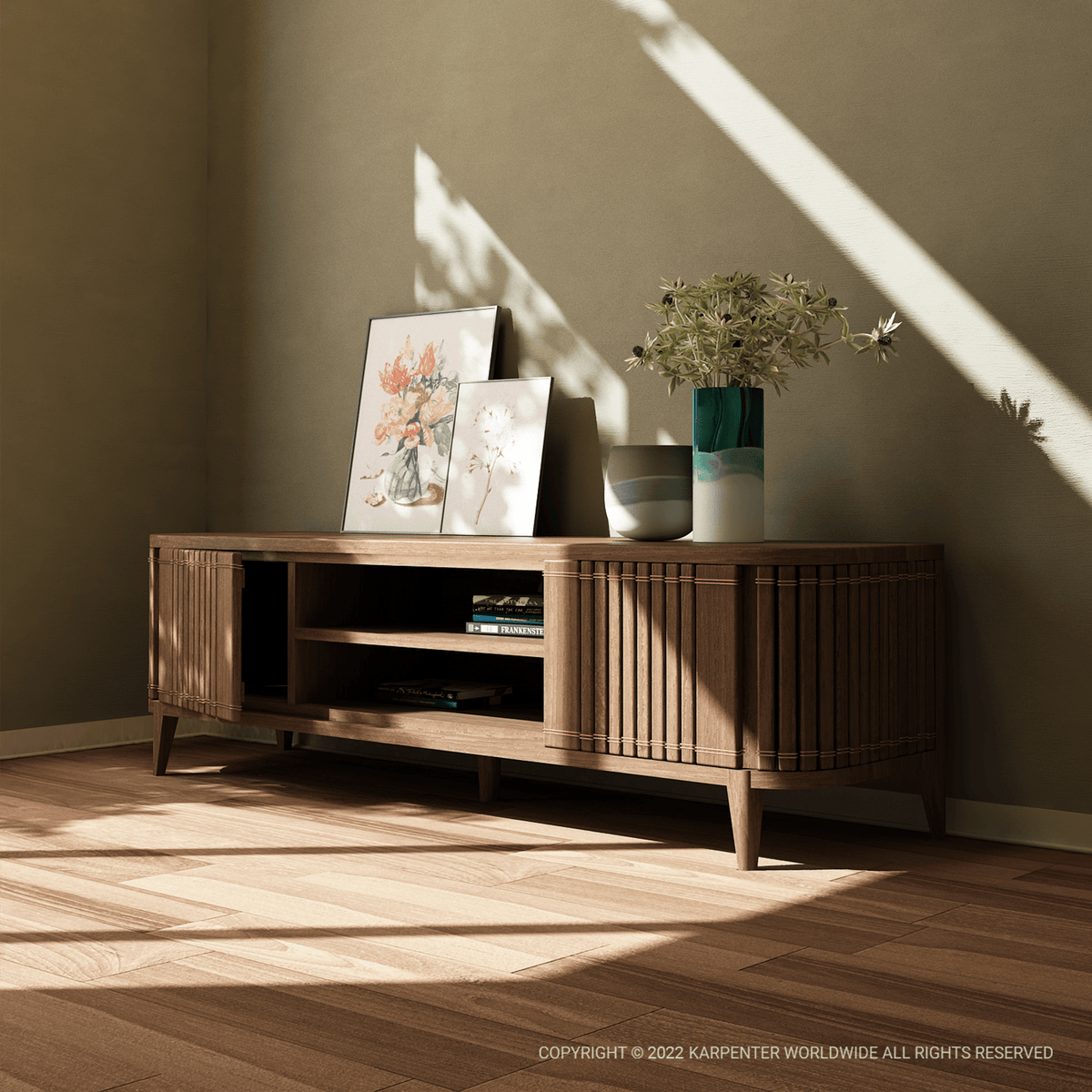 Koppar Media Cabinet with artwork and vase