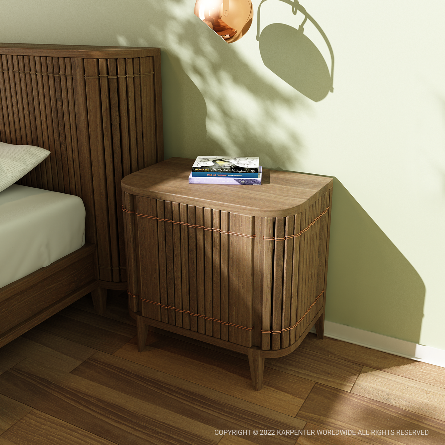 Koppar single bed with side table