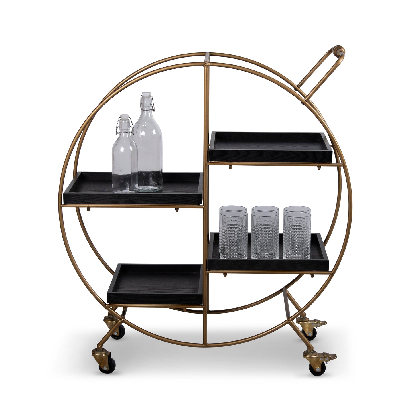 Gold bar cart with bottles and glasses