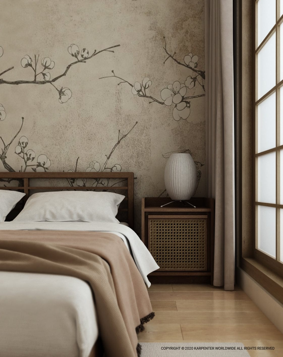 Roots side table in bedroom with floral wall art