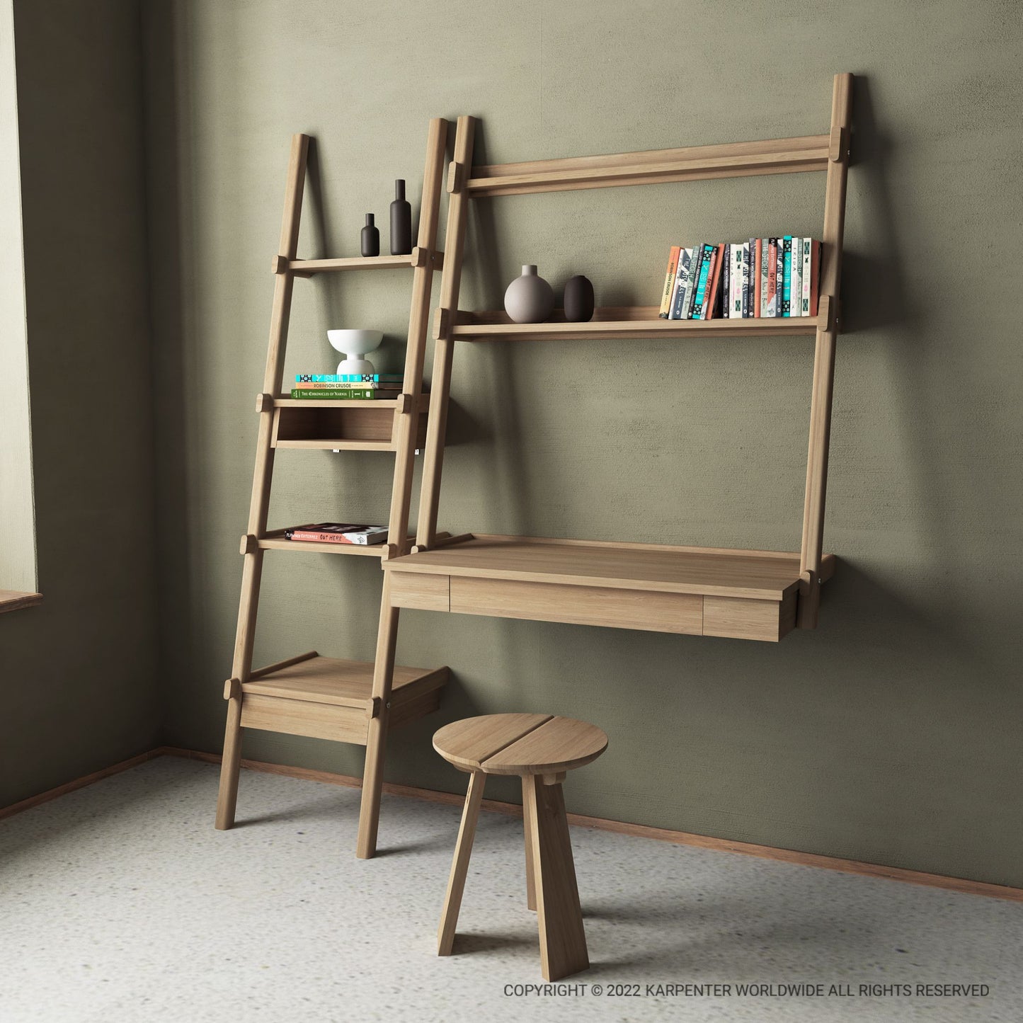Wooden wall desk and ladder shelf