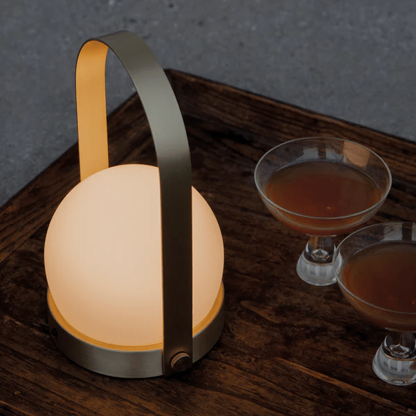 Portable lamp and cocktails on tray, screenshot from Dec 8, 2022.