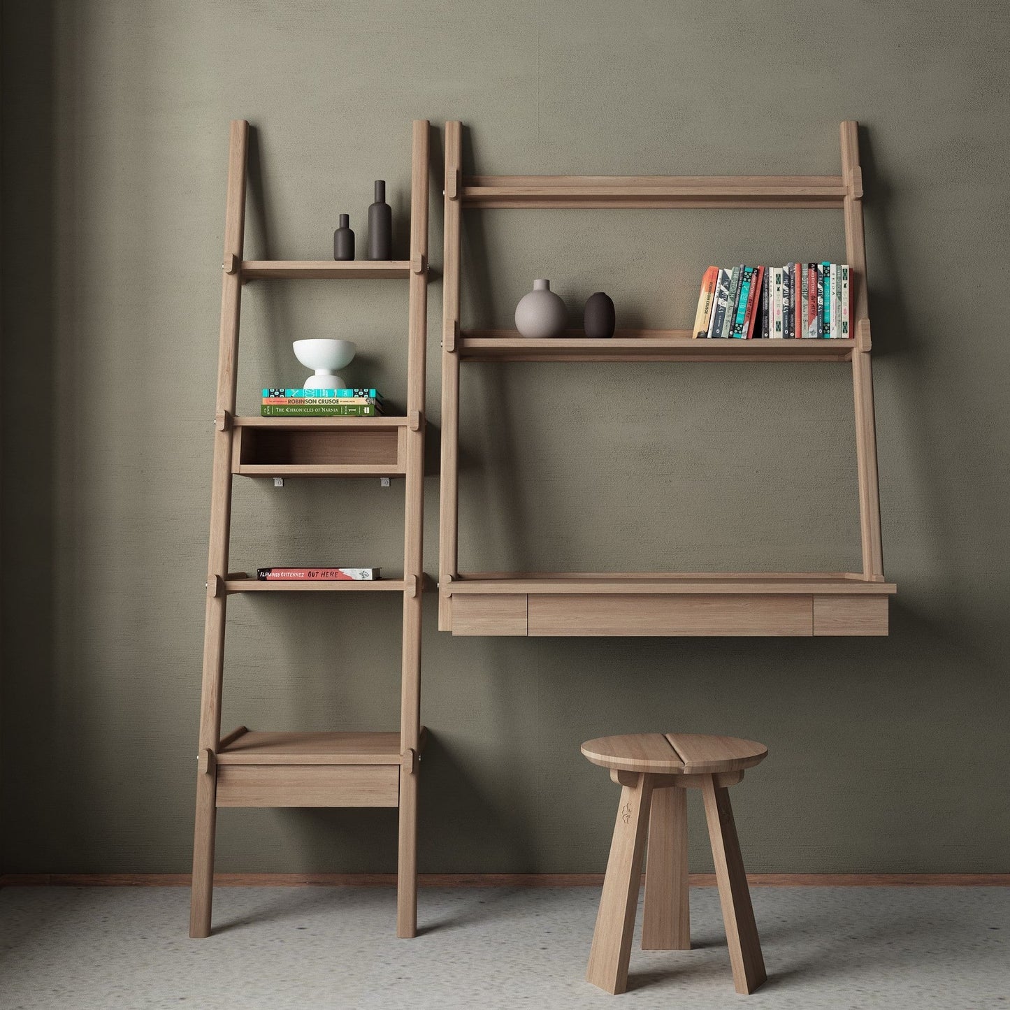 Simplycity desk with east stool and shelving unit