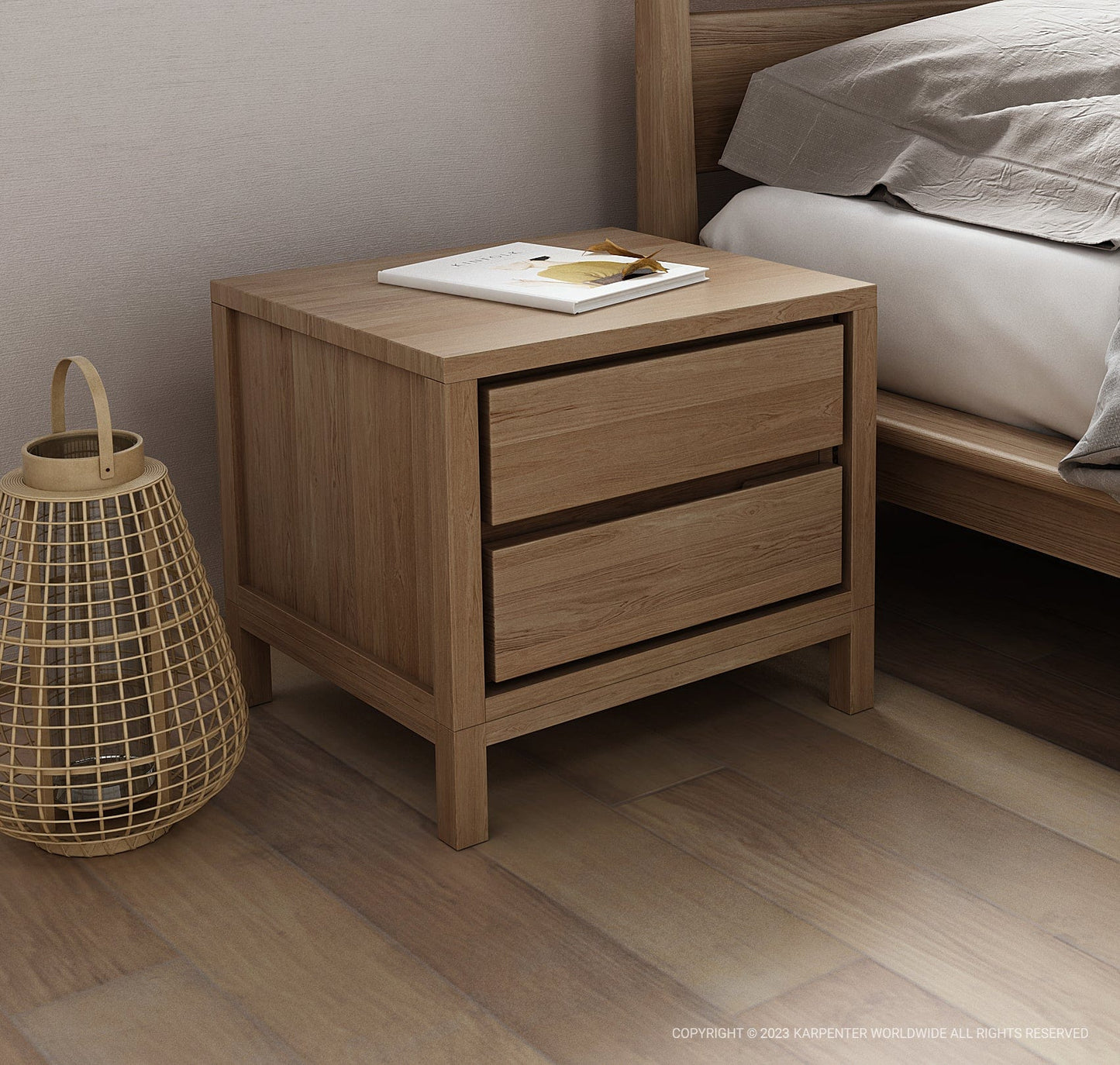Solid oak two-drawer side table