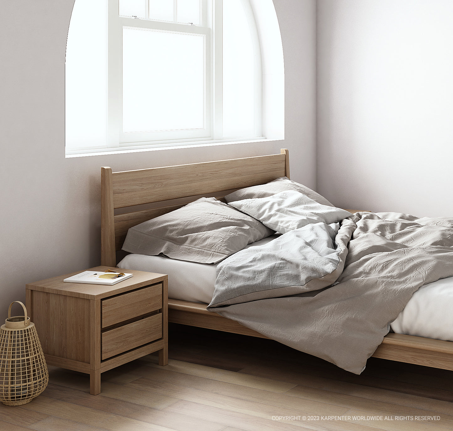 Solid wood side table beside bed in bedroom