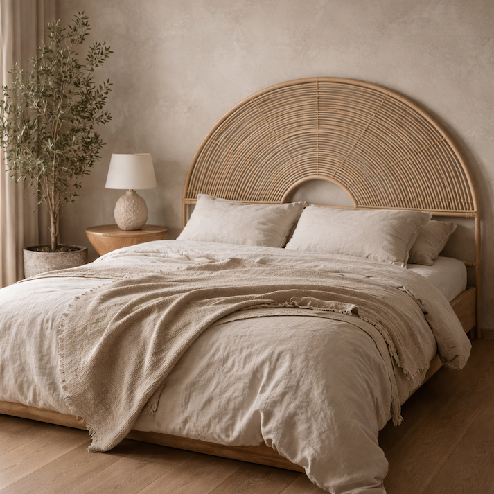 Beige bedroom with a woven headboard and neutral bedding.