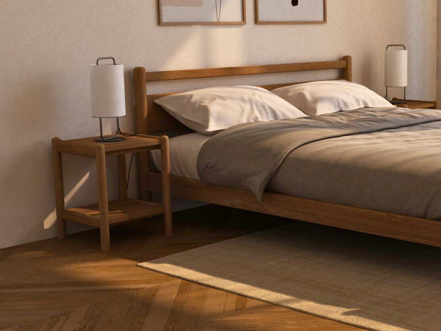 Modern bedroom with wooden bed frame and bedside lamps