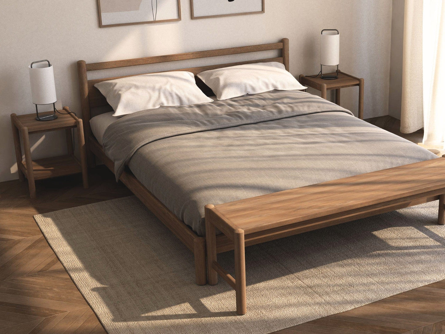 Wooden bed frame with bedding and bench
