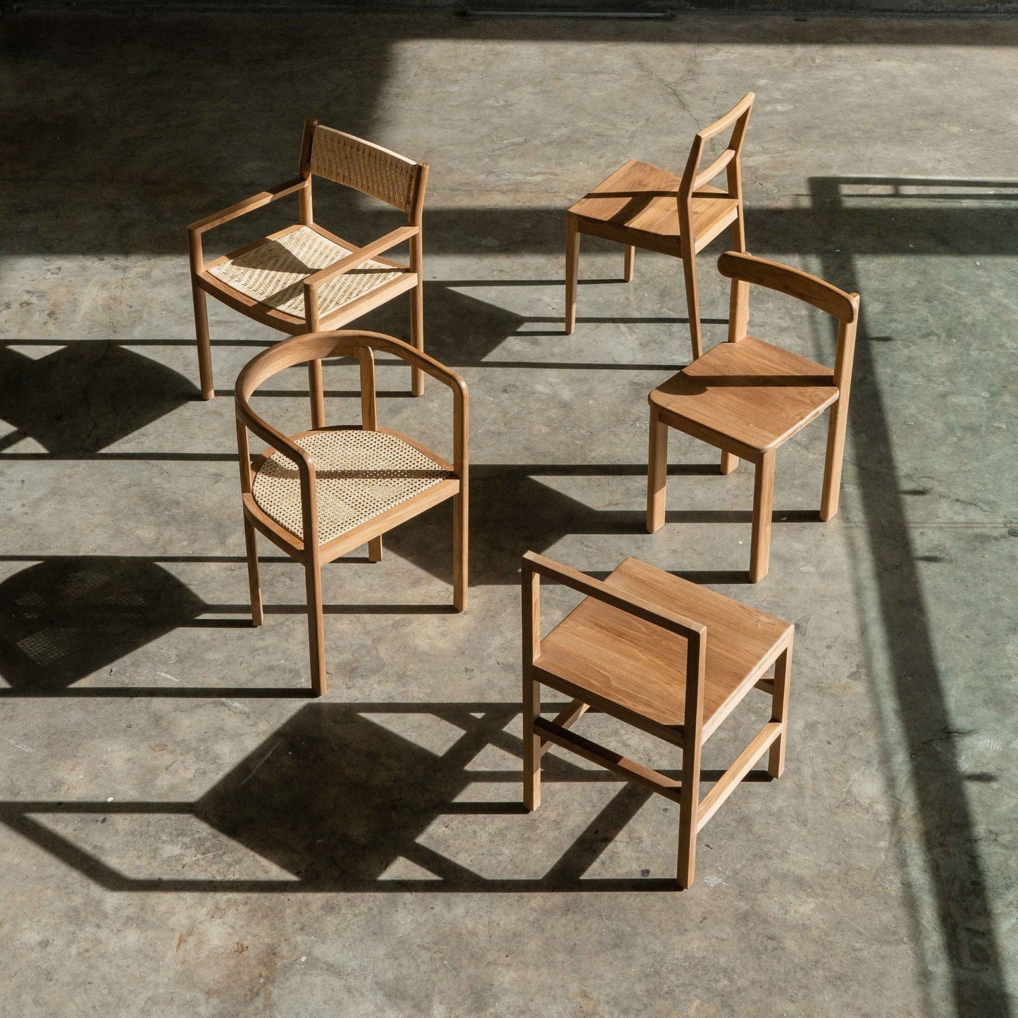 Wooden chairs in a modern arrangement