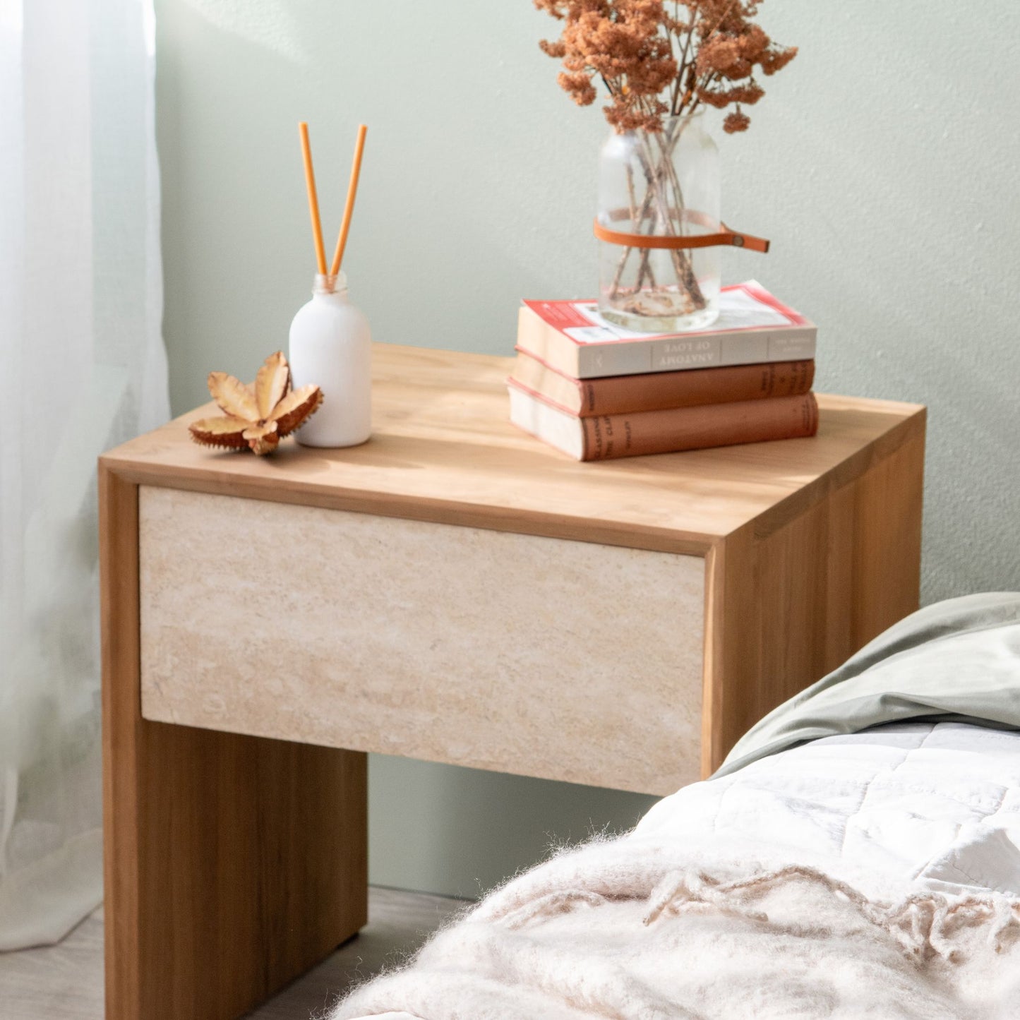 TRE019_1 Wooden Nightstand with Drawer, Books, and Vase
