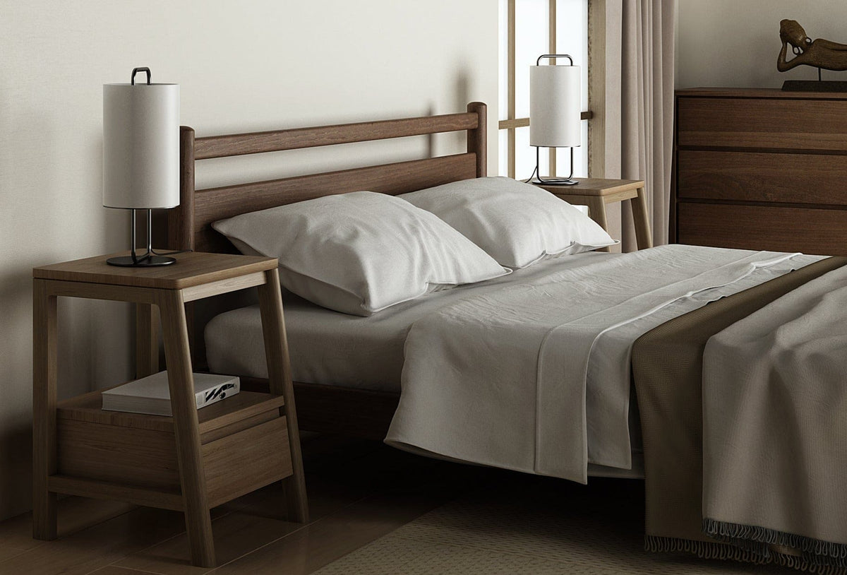 Taku Queen bed detail with nightstands