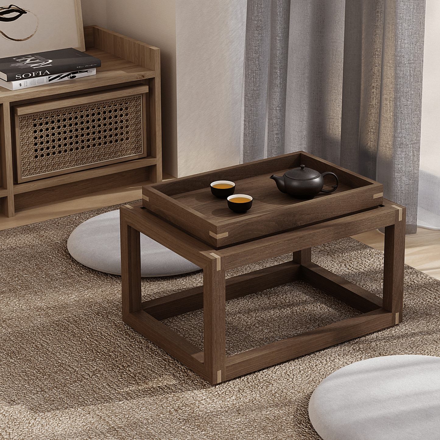 Up-Down Coffee Table with Tray and Teacups