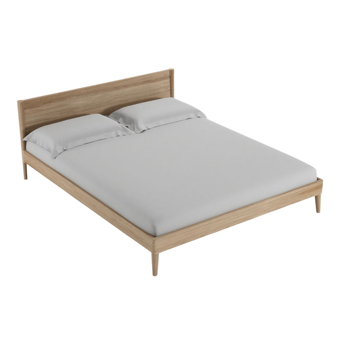 Modern wooden bed frame with white bedding, May 2025 design.