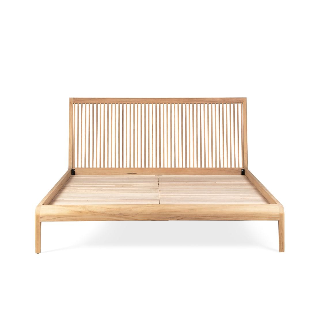 Wooden bed frame with slatted headboard design