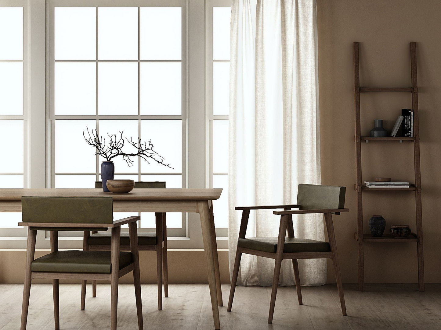 Vintage dining room with table, chairs, and ladder shelf.