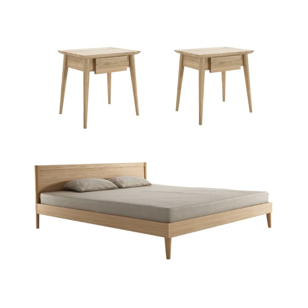 wooden bed and two nightstands