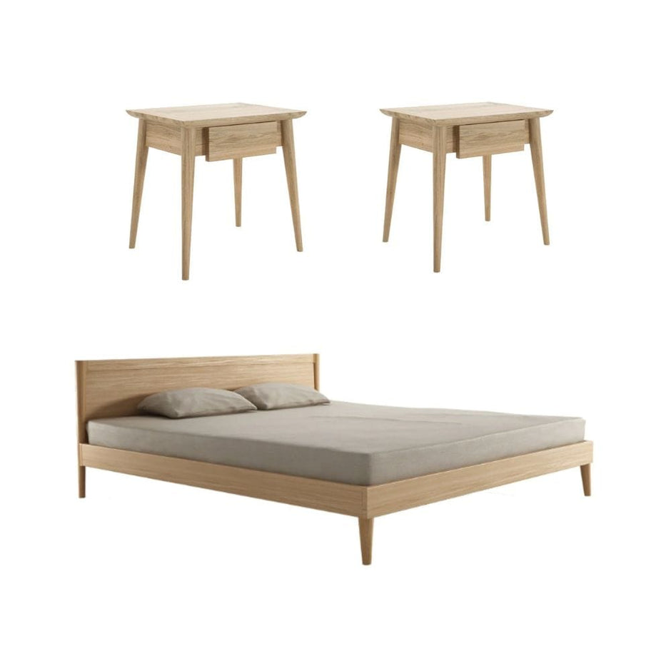 wooden bed and two nightstands