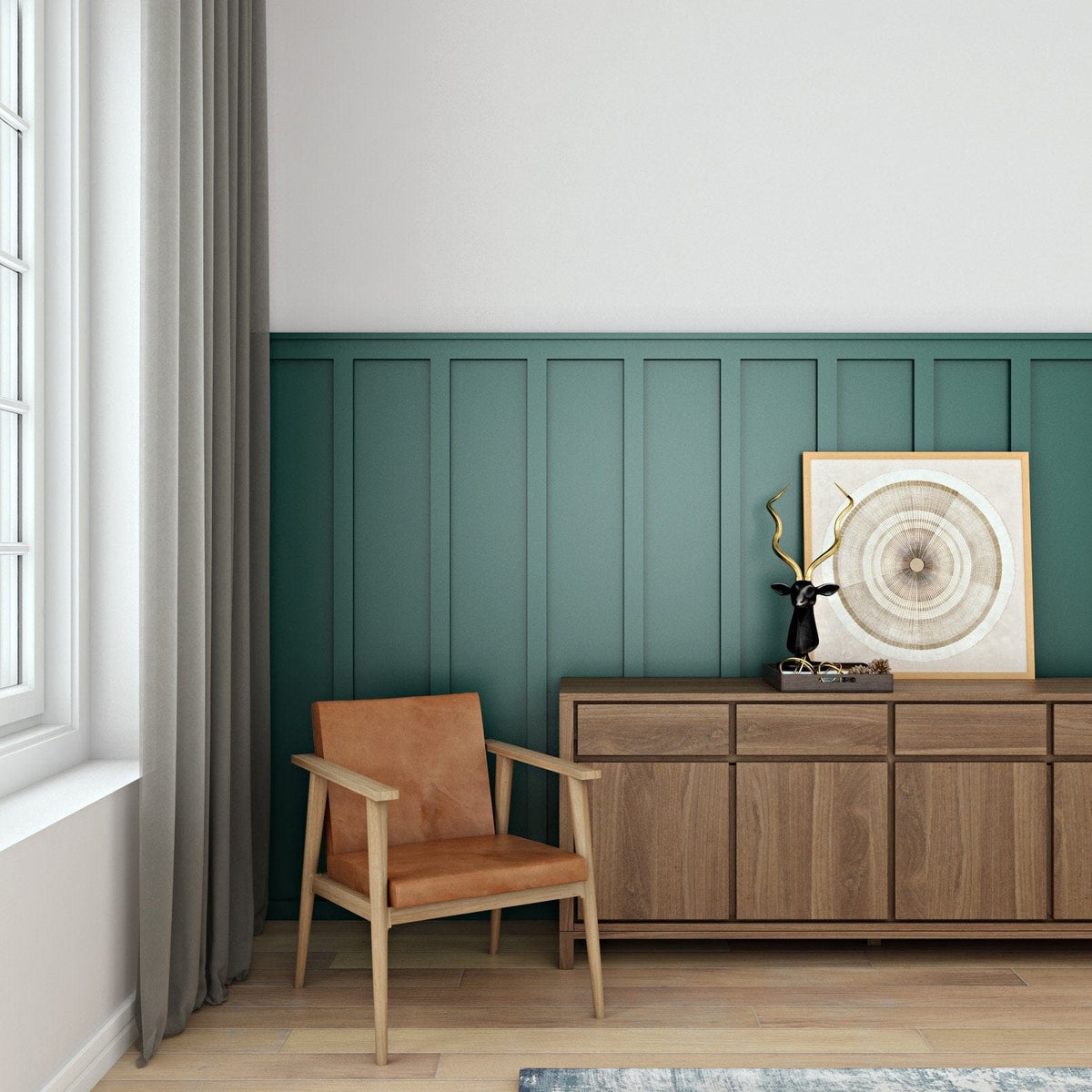 Vintage easy chair in modern living room with wood cabinet
