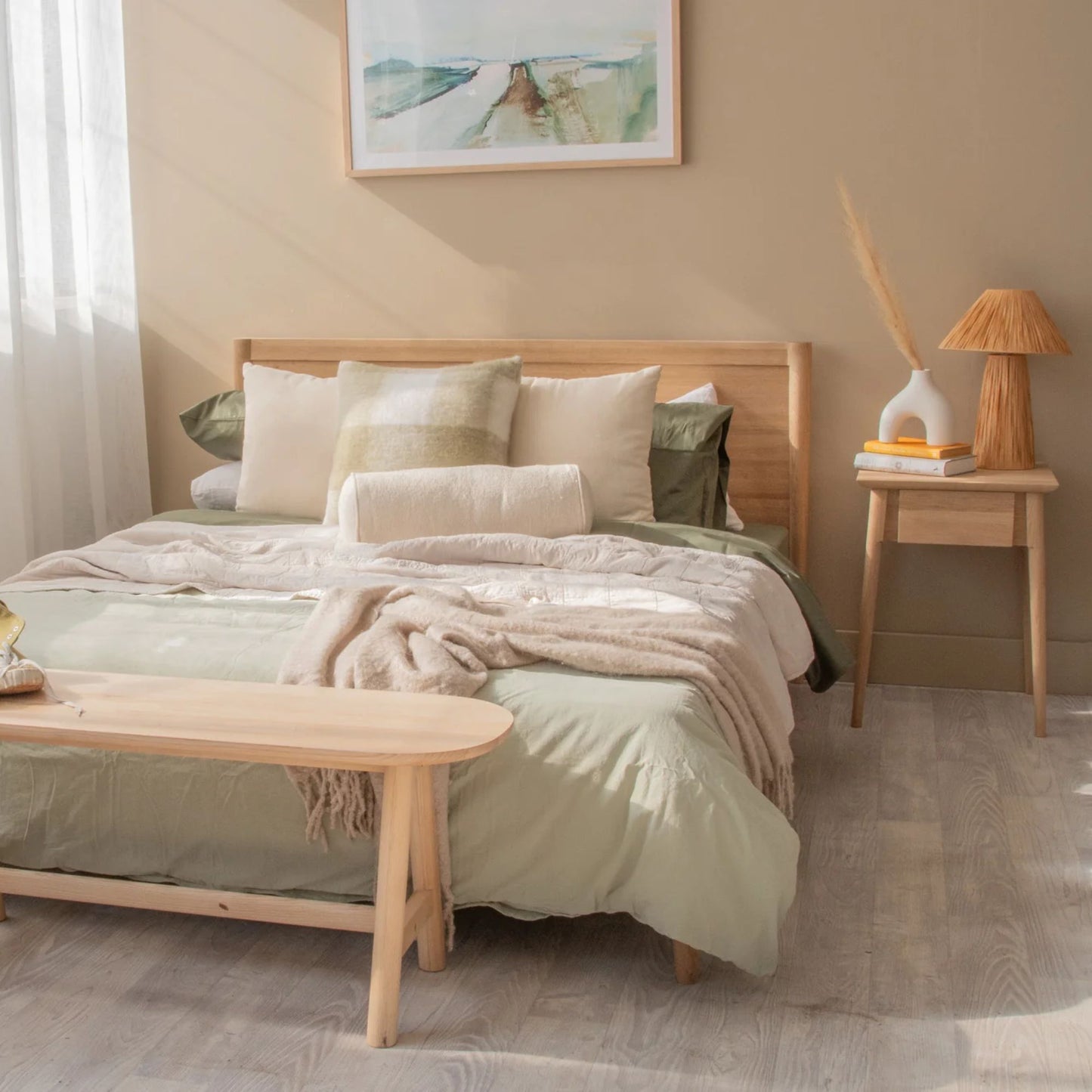 Vintage European oak queen bed set with bedside tables