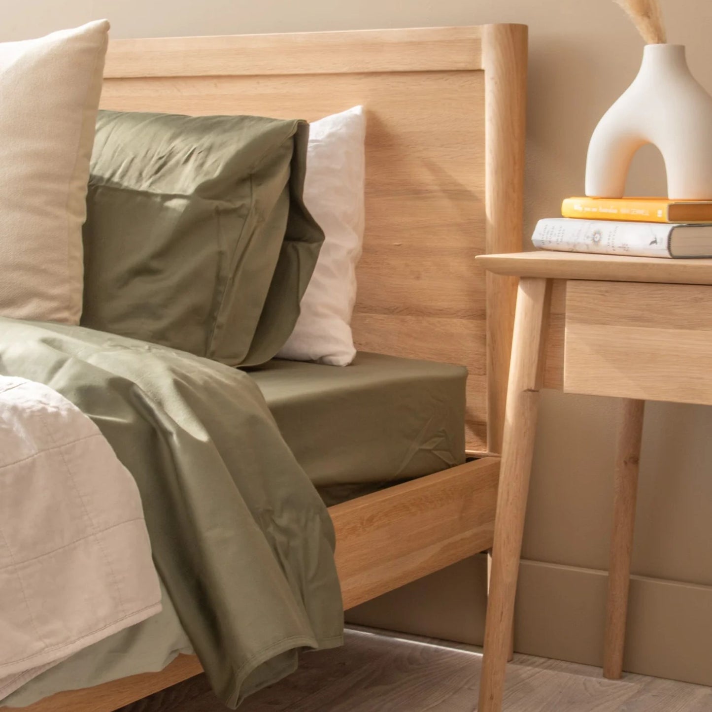 Vintage European Oak Queen Bed with Bedside Tables