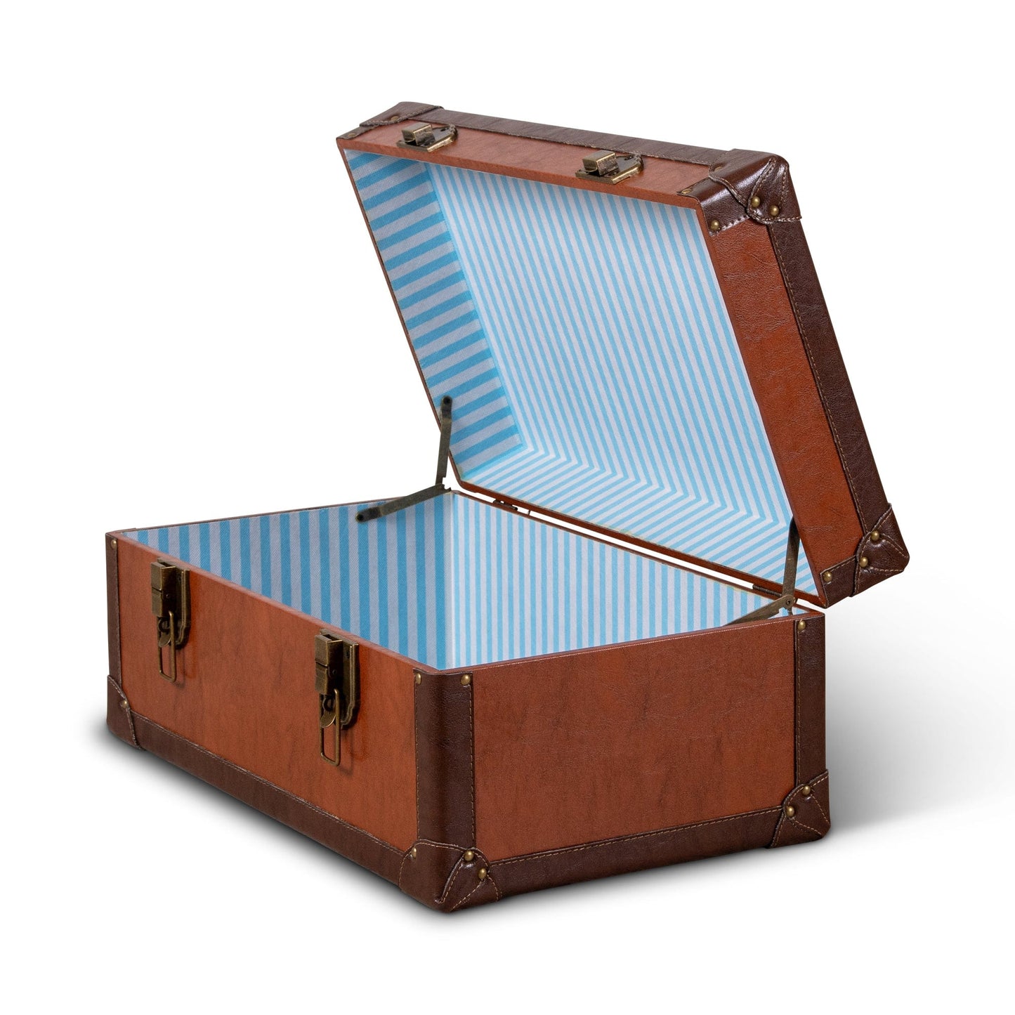 WH3012_4 Open brown trunk with blue striped interior