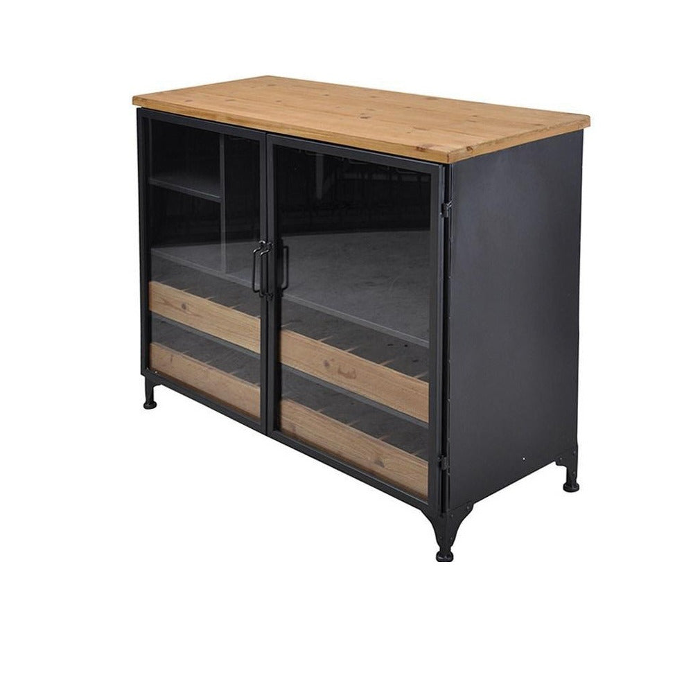 Black metal cabinet with wood top and glass doors